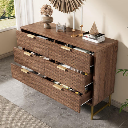 Kommode, Sideboard, Küchen Schrank, Mehrzweckschrank 6 Schubladen mit Griffen, Kippsicher, Höhenverstellbar, Geeignet für Wohnzimmer, Schlafzimmer, Esszimmer, 120 x 75 x 40 cm (B/H/T), Walnussfarbe