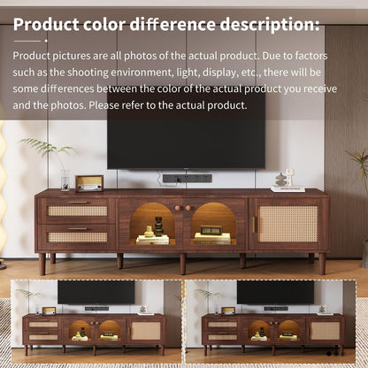 Meuble TV 180cm, Armoire De Télévision Rotin Tressé, Meuble Télé de Salon Convient Aux Téléviseurs de 80 Pouces, Table Télévision 2 Ports de Gestion des Câbles, 2 Portes 2 Tiroirs 4 Étagères Ouvertes