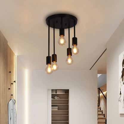 Plafonnier rétro, Lustre de ferme noir 5 lumières, Pendante Suspension Luminaire Industriel E27, Lampe Suspension Métal Retro, Plafonnier Luminaire, pour Chambre Salon et Cuisine hall-B