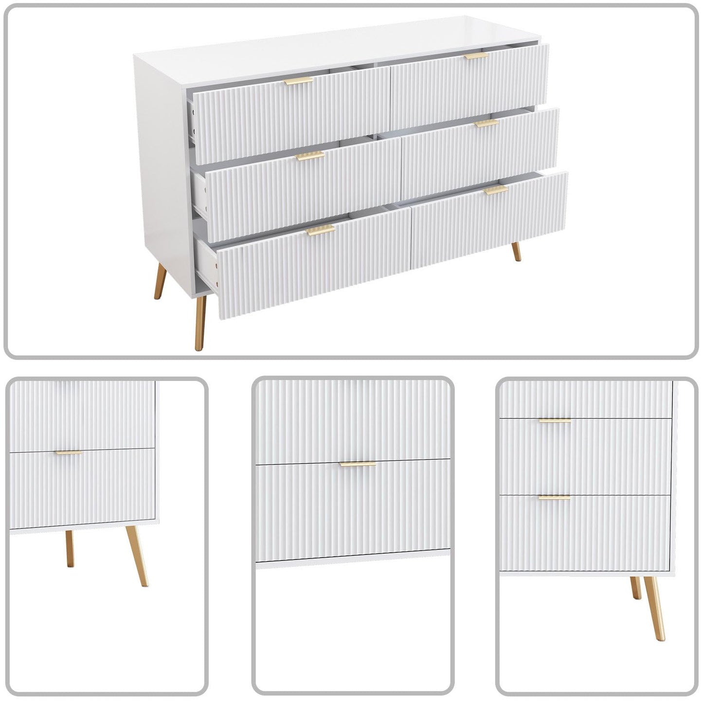 Sideboard Weiß Modernes, Kommode 6 Schubladen, Küchenschrank mit Vergoldeten Beinen und Griffen, Mehrzweckschrank Große Kapazität, 120 x 78 x 40 cm (B/H/T), für Schlafzimmer, Wohnzimmer, Esszimmer