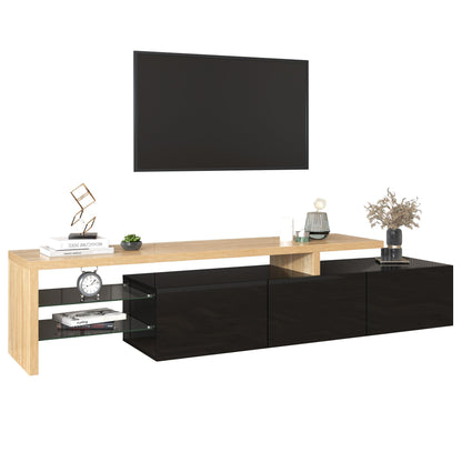 SHUGUANG Meuble TV 200 cm Longueur Meuble TV de Salon Moderne Élégance, Banc TV avec Étagères en Verre, Éclairage LED, Meuble TV Aspect Bois, Espace de Rangement Pratique, Brillant, 197,5x39x42cm