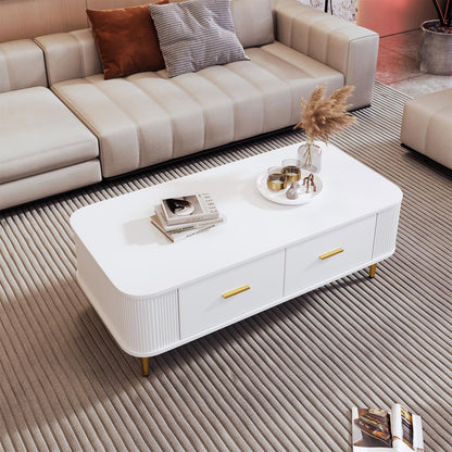 Peiaw Table Basse,Table Basse Salon,Quatre tiroirs spacieux,Table Basse carrée avec tiroirs,Coins incurvés,Poignées et Pieds dorés,avec Grand Espace de Rangement,Table Basse 105 x 51 x 38 cm