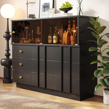 Sideboard Mit Glastür, Küchenschrank, Kommode, Modern Mehrzweckschrank für Wohnzimmer, Esszimmer Aufbewahrungsschrank 3 Schubladen, 2 Türen, Hohe Tragfähigkeit, 100 x 90.5 x 40 cm (B/H/T)