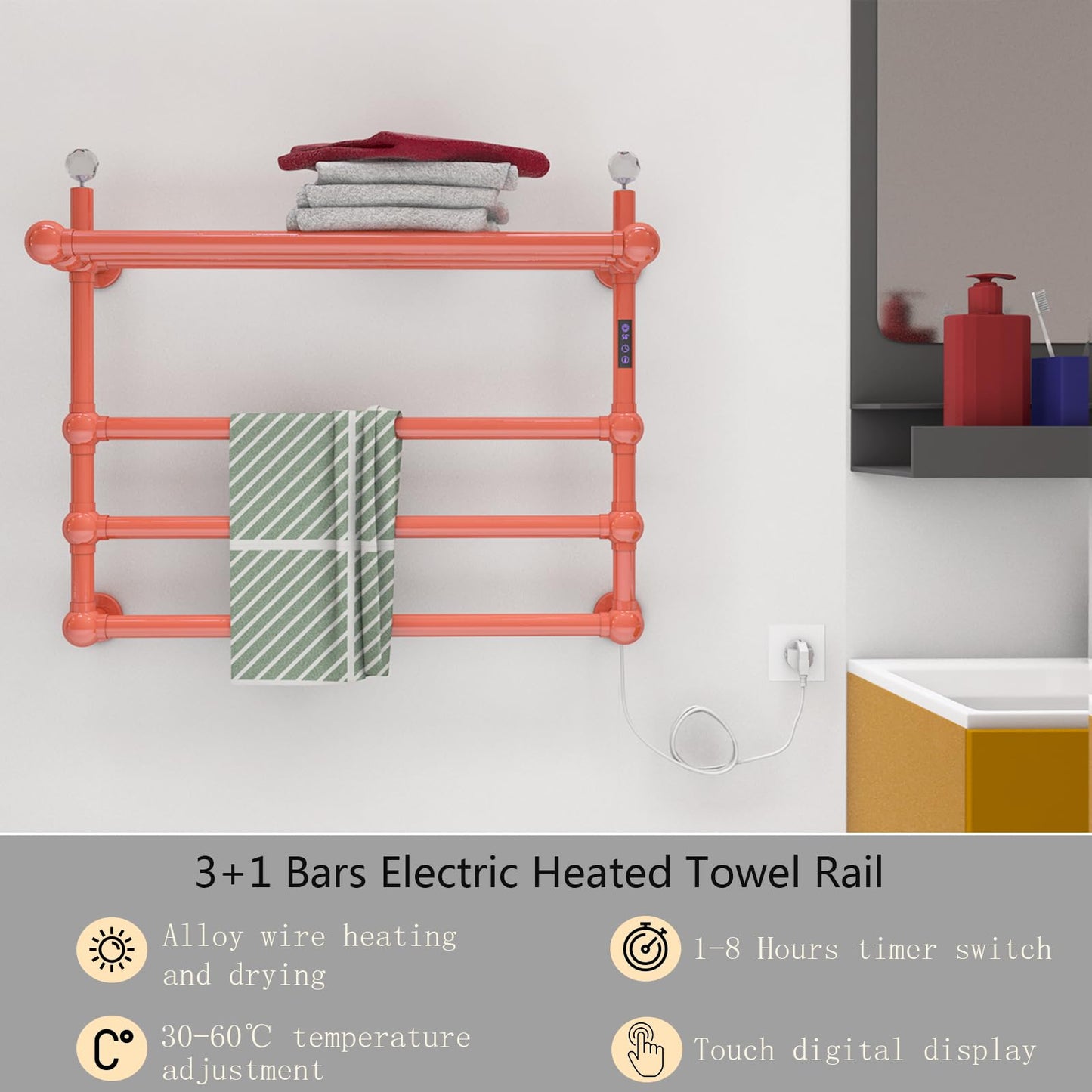 Sèche-Serviette Électrique Couleur Orange 50W Chauffe-Serviettes 60 * 50 * 23cm Porte-Serviettes Chauffant Électrique Mural Température Constante Intelligente Radiateur de Salle de Bain