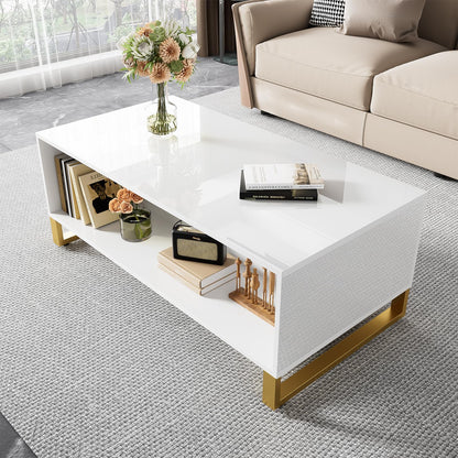 Table basse,Table basse salon,Table basse brillante,Table basse carrée avec tiroirs,équipée de deux portes,Poignées et pieds dorés,avec compartiment de rangement ouvert,Table basse 107x40,5x55 cm
