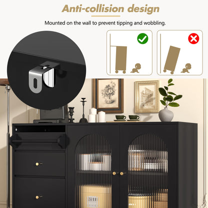 Buffet Salon Minimaliste Buffet Cuisine avec Porte en Verre Changhong et Porte-serviettes, Armoire de Rangement Élégante, Bahut pour Salle à Manger, Mobilier Moderne Multifonctionnel, Blanc/Noir