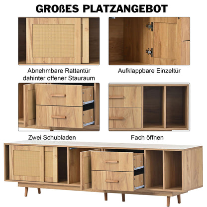 Meuble TV de Style Bohème en Rotin pour Téléviseurs de 80 Pouces, Meubles TV Bois, Banc TV Rustique avec 2 Casiers, 2 Tiroirs, 2 Étagères Ouvertes, Chambre Meuble Salon, 190x40x52 cm, Chêne Naturel