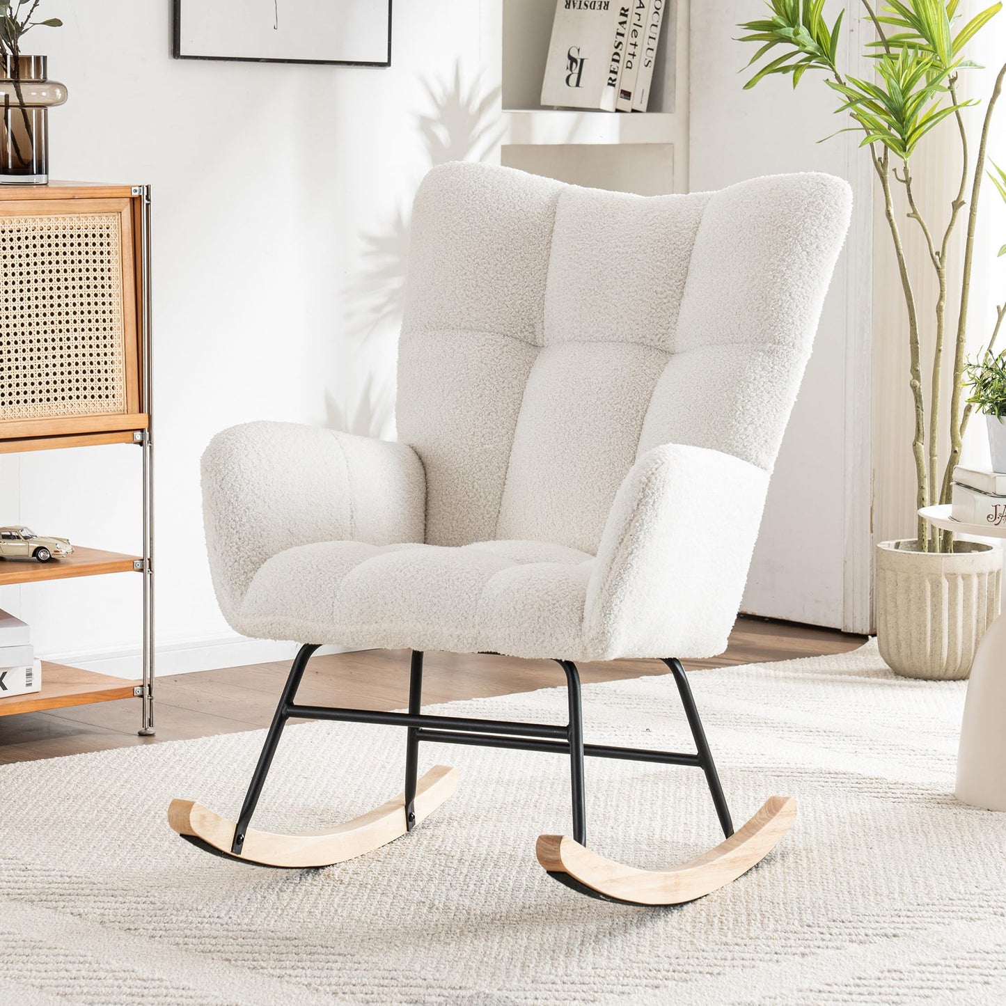 Blanc Fauteuil Chambre, Rocking Chair avec Artisanat en Tissu, Rocking Chair Hauteur 92cm, Largeur D'assise 65 cm avec Repose-Pieds (49*38*38 cm), Fauteuil Dascule Approprié Coucher, Salon