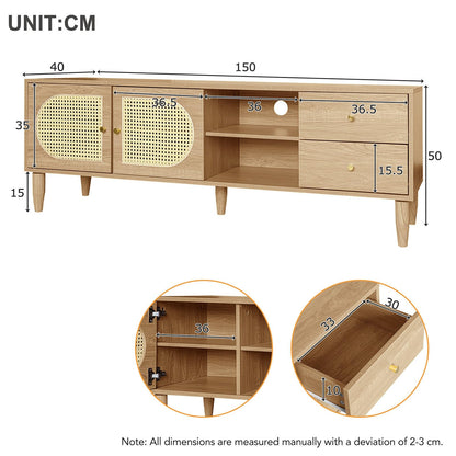 Billg Meuble TV 150cm, Armoire De Télévision 2 Portes Tressées en Rotin, Meuble Télé de Salon Pieds D'armoire Réglables, Table Télévision Convient pour Un Téléviseur de 60 Pouces, 3 Trous pour Câbles