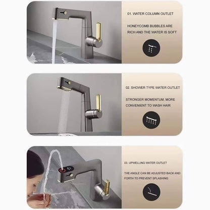 Robinet De Salle De Bain Avec PulvéRisateur Extractible, LED Affichage NuméRique De La TempéRature Rotation à 360 DegréS Robinet D'éVier De Salle De Bain Avec Trois Modes Gris