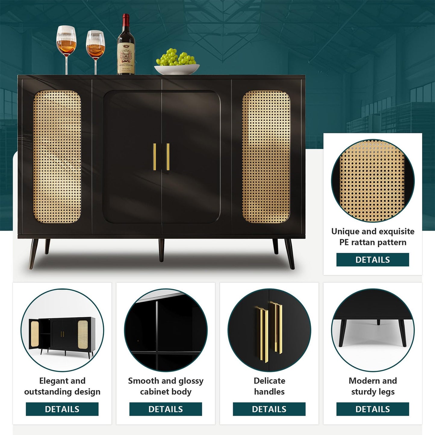 Buffet Cuisine, Meuble de Rangement, Commode 4 Portes, Armoire de Salon Porte D'armoire en Rotin, Bibliothèque Anti-Basculement, Étagères Réglables, Porte Blister, 120 x 89 x 35 cm (L/H/P), Noir