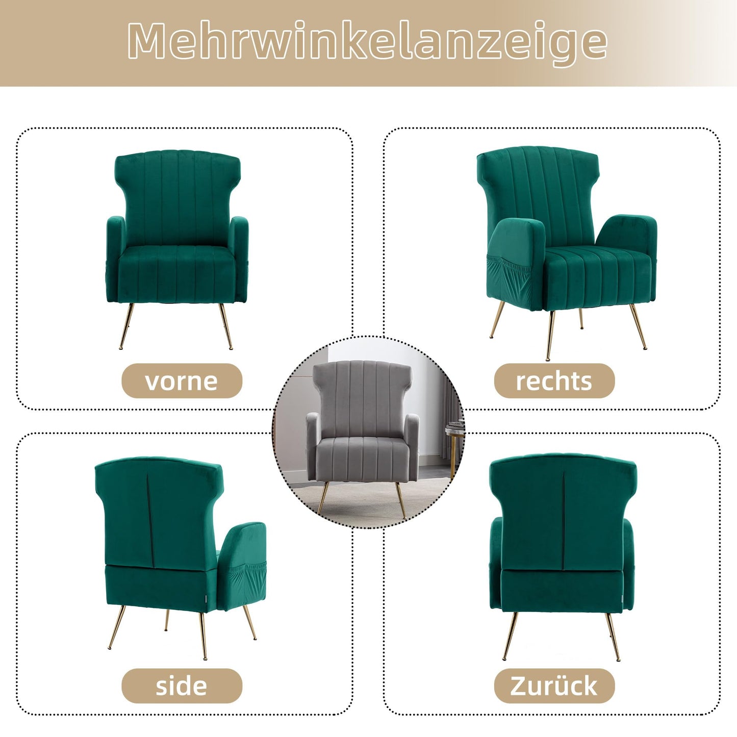 SHUGUANG Fauteuil Confortable Velours, Fauteuil Salon Confortable Chaise Coiffeuse avec Pieds Métalliques Dorés, Forme de Chaise Cigare Chaise de Lecture en Vigueur Chambre à Coucher, Salon