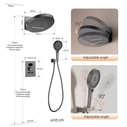 OihPaw Ensemble de Douche Encastré Colonne Douche Thermostatique Gris Système de Douche avec Affichage Numérique LED, 32CM Cascade et Pluie Tête de Douche Rond