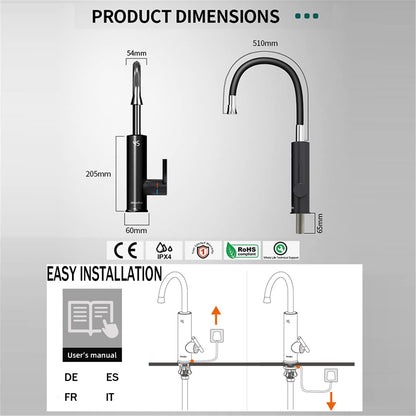 Robinet Chauffe eau Instantané Électrique 3200W,Rotatif à 360° Robinet Evier de Cuisine en Acier Inoxydable avec Affichage de la Température LED et Flexible Bec, 230V Robinet Chauffant Electrique