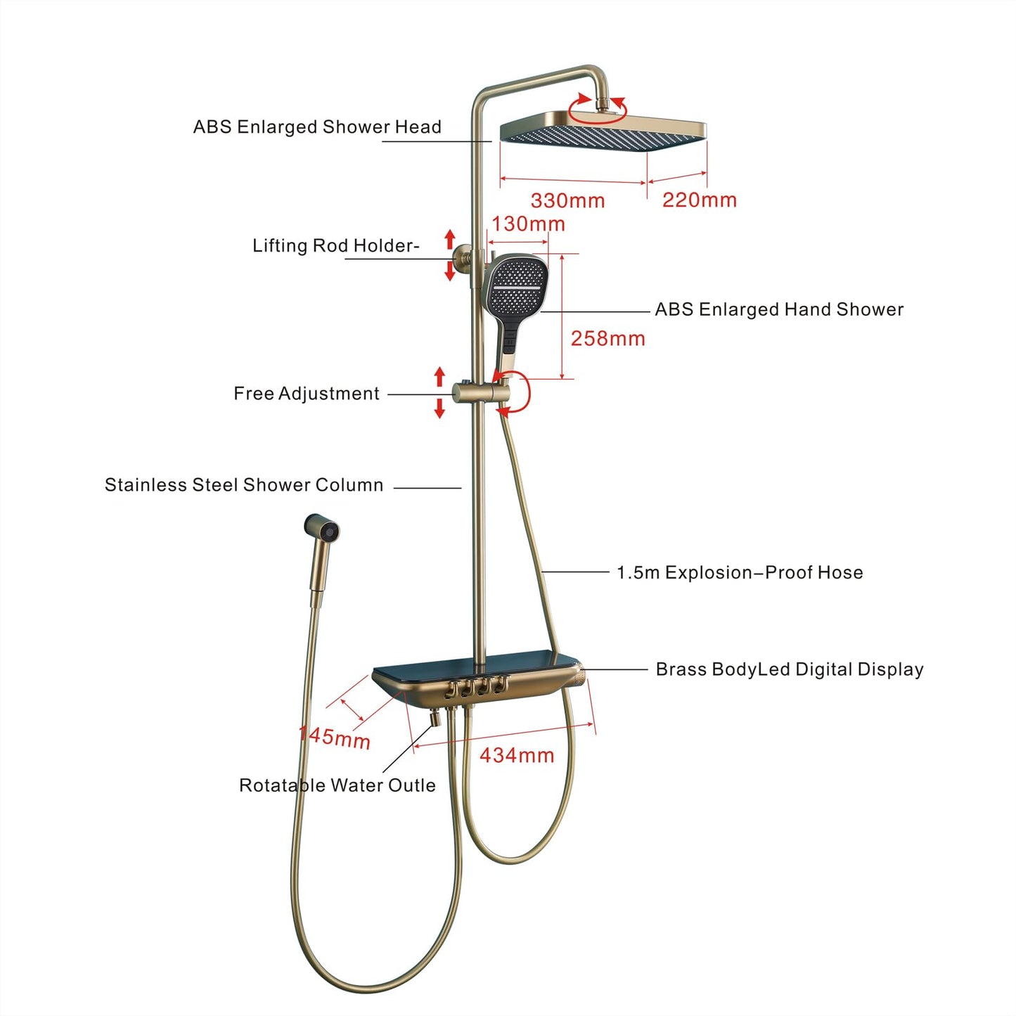 OihPaw Colonne De Douche Thermostatique Or Brossé, SystèMe De Douche Mural Piano Key avec Affichage NuméRique LED, Pommeau De Douche 33x22cm avec Douchette