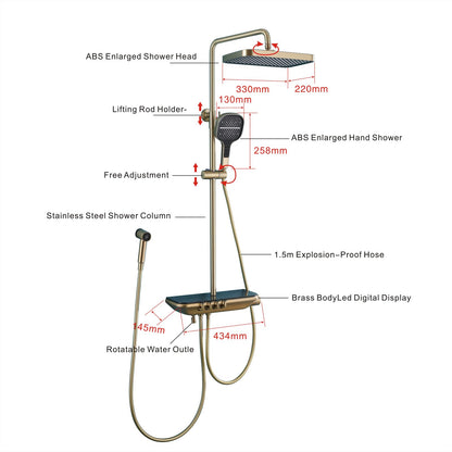 OihPaw Colonne De Douche Thermostatique Or Brossé, SystèMe De Douche Mural Piano Key avec Affichage NuméRique LED, Pommeau De Douche 33x22cm avec Douchette