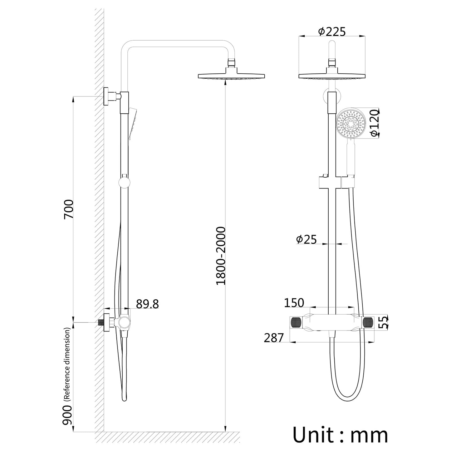 Colonne de Douche Or Brossé Mural Système de Douche avec Mitigeur Set de Douche Réglable en Hauteur Ensemble de Douche Chaude et Froide Kit de Douche, Inclure Tête de Douche 23cm, Douchette 3 Jets