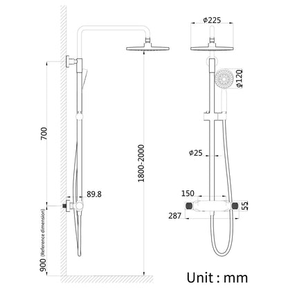 Colonne de Douche Or Brossé Mural Système de Douche avec Mitigeur Set de Douche Réglable en Hauteur Ensemble de Douche Chaude et Froide Kit de Douche, Inclure Tête de Douche 23cm, Douchette 3 Jets