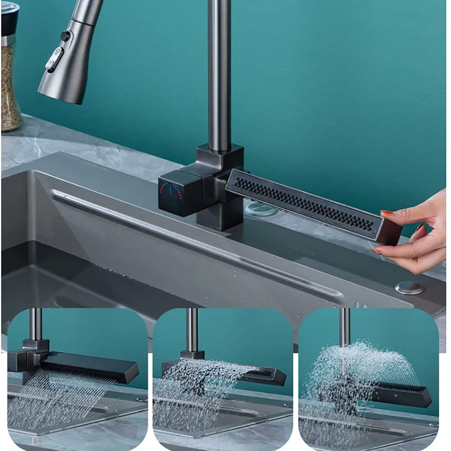 Robinet De Cuisine Cascade, avec Robinet Extractible, 3 Modes De Sortie d'eau, Robinet De Cuisine en Rotatif à 360°, Robinet MéLangeur De Nettoyage De Cascade