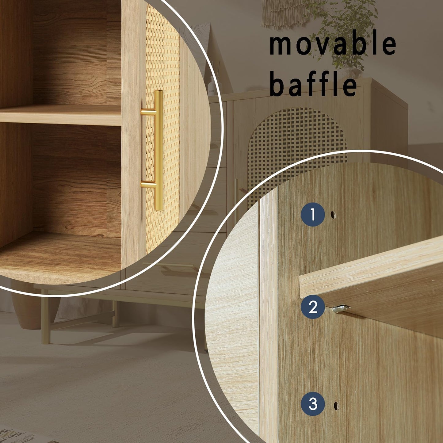 Buffet,Meuble de Rangement,Armoires de cuisine,Buffet avec 3 tiroirs et 2 portes en rotin, étagères réglables,Commode avec poignées et pieds en métal,Protection anti-basculement,120 x 40 x 74 cm