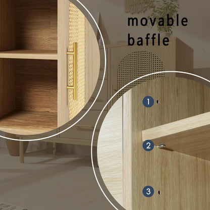 Buffet,Meuble de Rangement,Armoires de cuisine,Buffet avec 3 tiroirs et 2 portes en rotin, étagères réglables,Commode avec poignées et pieds en métal,Protection anti-basculement,120 x 40 x 74 cm