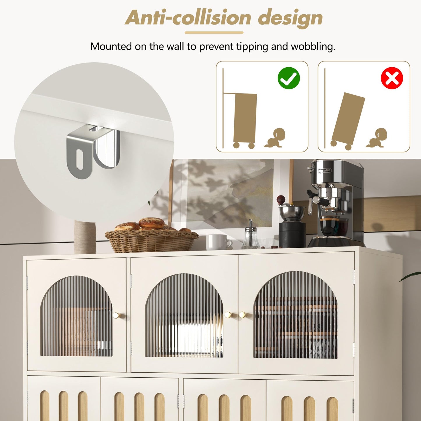 Buffet Salon Moderne, Longue Porte en Verre au Design Arc-en-ciel, Porte de Bar à clés de Piano, Pieds de Colonne Ronds, Armoire de Rangement Élégante, Armoire de Buffet au Design Unique, Blanc/Noir