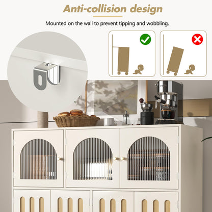 Buffet Salon Moderne, Longue Porte en Verre au Design Arc-en-ciel, Porte de Bar à clés de Piano, Pieds de Colonne Ronds, Armoire de Rangement Élégante, Armoire de Buffet au Design Unique, Blanc/Noir