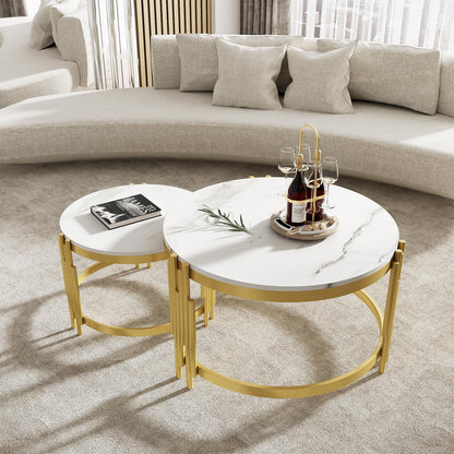 Peiaw Table Basse,Table de Salon,Table Basse Ronde,Lot de 2 Tables Basses de Salon Gigognes,Aspect marbre Blanc et Structure en Acier doré,Table de Salon 71,5 x 71,5 x 44 & 51,5 x 51,5 x 37 cm