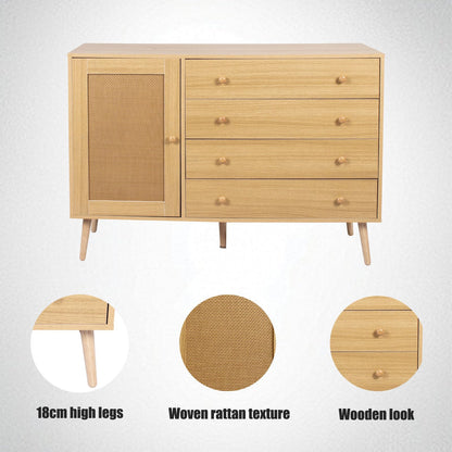 Sideboard 1 Tür und 4 Schubladen, Kommode Gewebte Rattanstruktur, Mehrzweckschrank Hohe Tragfähigkeit, Küchenschrank Minimalistisches Design, Schubladenschrank Holzoptik, 120 x 83 x 40 cm (B/H/T)