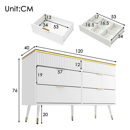 120 x 40 x 76 cm Blanc Commode Rangement avec 6 Tiroirs, Commode Salon en Verre Ambré, Buffet Moderne avec Résistance à La Pointe, Armoire Rangement Applicables à Salon, Chambre ,Salle à Manger
