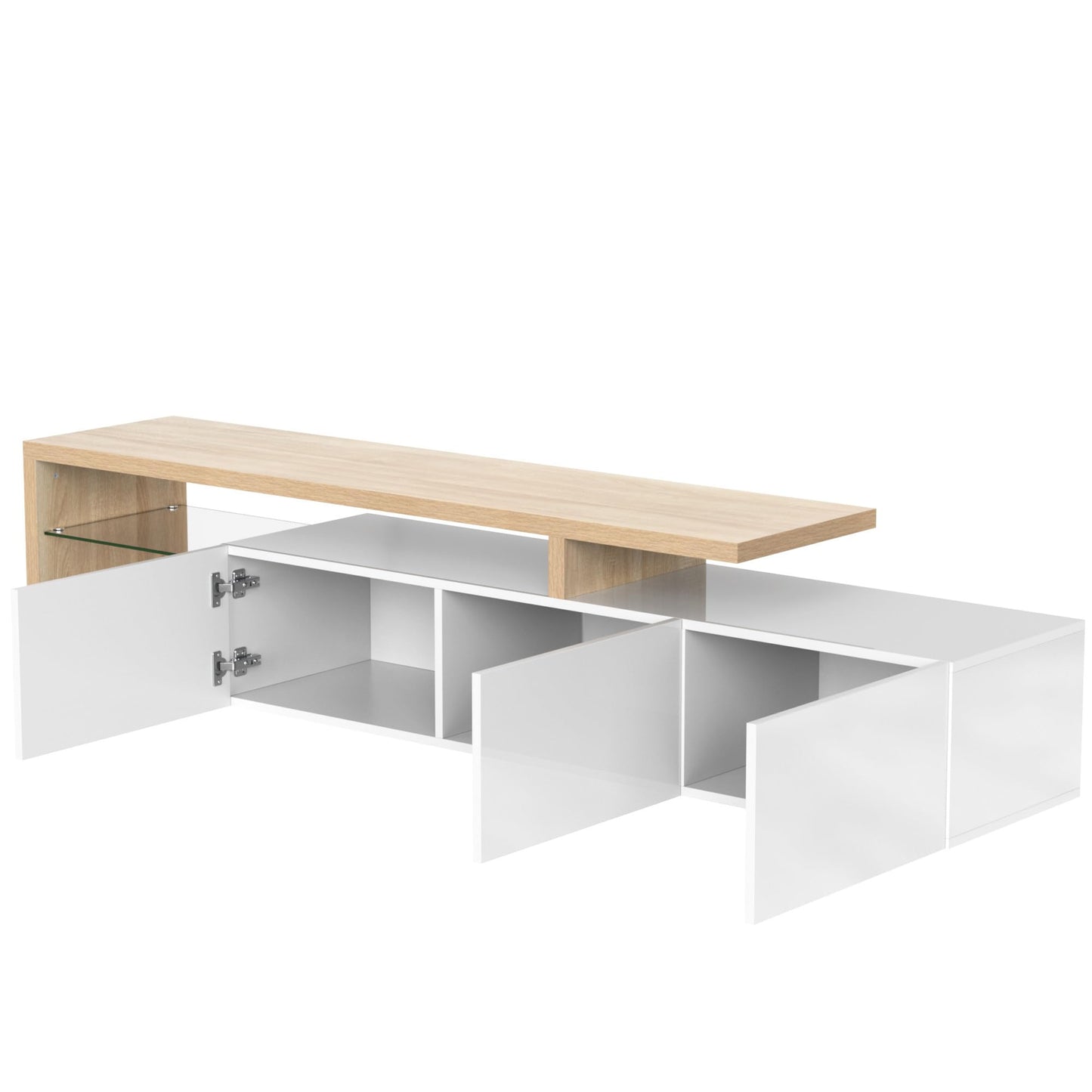 SHUGUANG Meuble TV 200 cm Longueur Meuble TV de Salon Moderne Élégance, Banc TV avec Étagères en Verre, Éclairage LED, Meuble TV Aspect Bois, Espace de Rangement Pratique, Brillant, 197,5x39x42cm