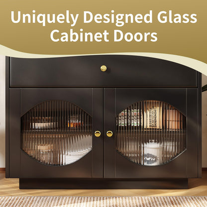 Peiaw Buffet, Meuble de Cuisine, Meuble de Rangement,Buffet Noir Moderne, Commode,Compartiment de Rangement Ouvert,Buffet avec Porte vitrée,Buffet avec 2 Portes et 1 tiroir,100×40×90.5cm