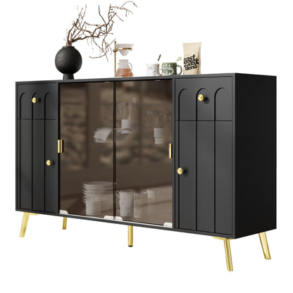 SHUGUANG Buffet Commode Bahut Vaisselier avec Verre Marron, Poignées et Pieds en Métal, Moderne Noir Buffet avec Panneaux Incurvés, Meuble de Rangement pour Salle à Manger/Salon, 150 x 30 x 89,7 cm