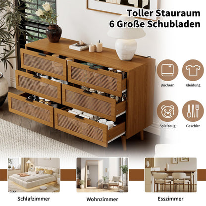 Kommode Mit 6 Schubladen, Sideboard Perforierte Rattantür, Mehrzweckschrank für Wohnzimmer, Esszimmer, Schubladenschrank Hohe Tragfähigkeit, Schrankbeine aus Massivholz, Metallgriff, 120 x 40 x 76.5cm