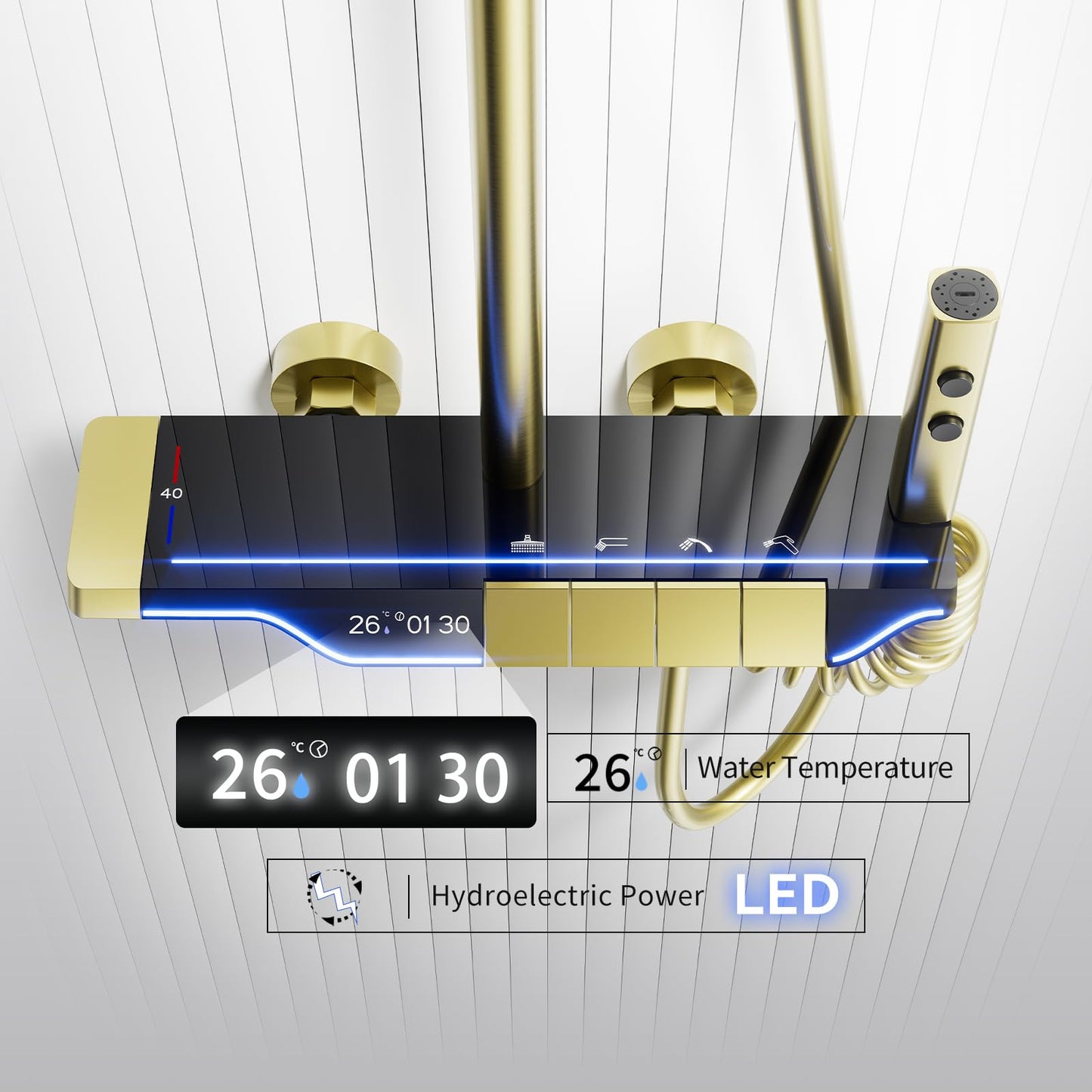 Colonne de Douche Thermostatique Doré Systeme de Douche Piano avec éclairage d'ambiance LED, Ensemble de Douche Mitigeur Hauteur Réglable avec Douche de Tête et Douchette, Baignoire Cascade