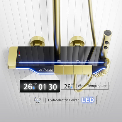Colonne de Douche Thermostatique Doré Systeme de Douche Piano avec éclairage d'ambiance LED, Ensemble de Douche Mitigeur Hauteur Réglable avec Douche de Tête et Douchette, Baignoire Cascade