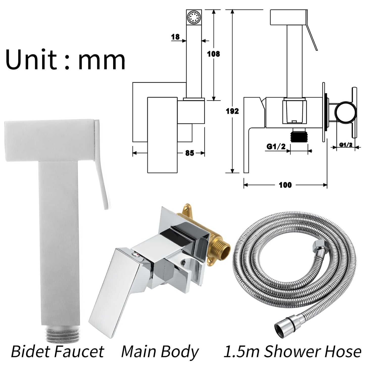 Kit Douchette WC, Laiton Douchette Toilette WC Mural Pulvérisateur de Bidet Eau Froide et Eau Chaude Toilette Bidet Spray avec 1.5m Tuyau (Chrome)