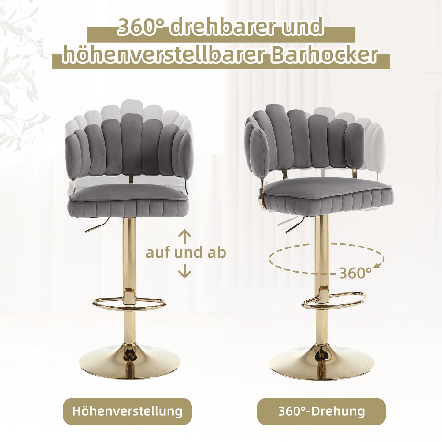 Tabouret Bar Lot de 2 Pivotants Velours Chaise de Bar à Hauteur Comptoir avec Dossier, Repose-pieds, Chaise Haute Bar Comptoir Réglables, Chaises D'îlot pour Salle à Manger, Noir/Gris/Ivoire/Émeraude