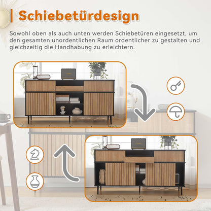 SHUGUANG Buffet élégant moderne avec 4 portes coulissantes et 1 tiroir, chêne combiné avec noir, armoire de buffet pour salon, cuisine, chambre à coucher, entrée, 160 x 40 x 80 cm
