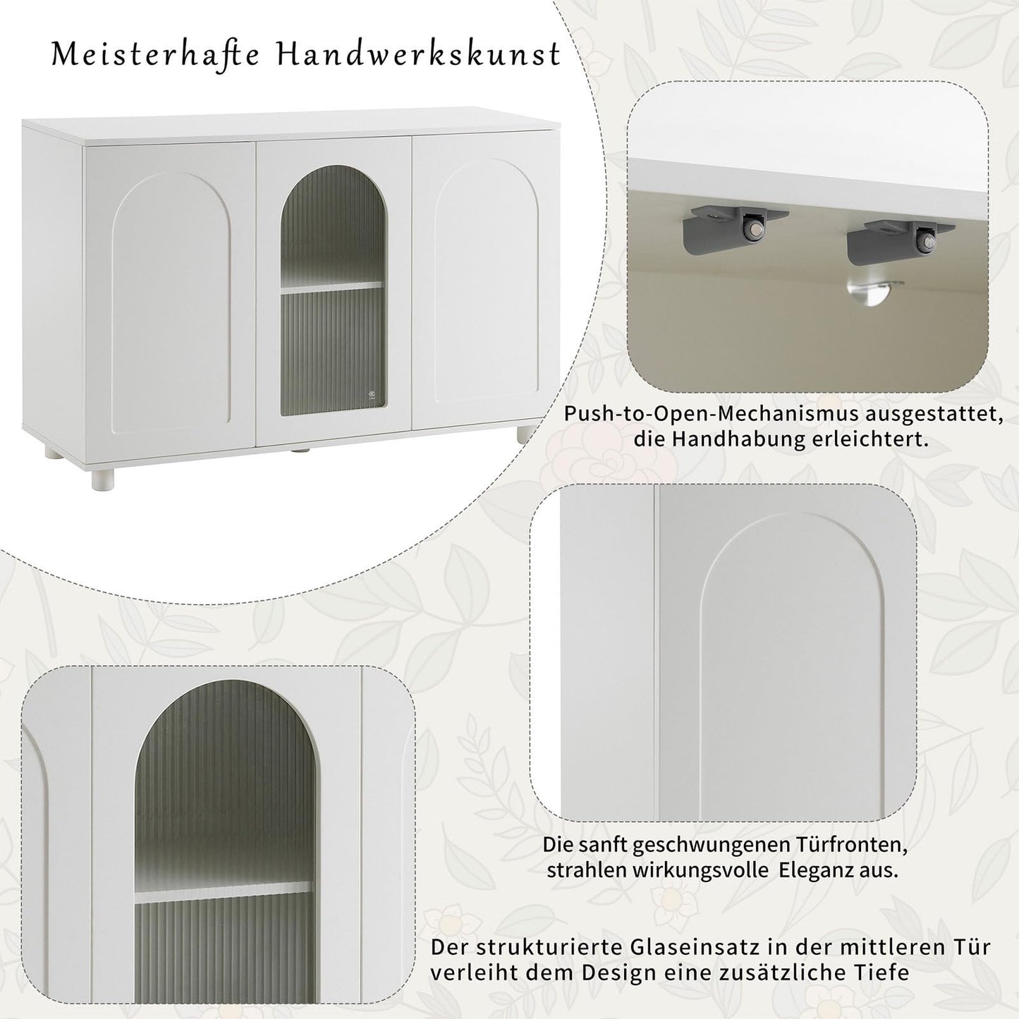 Sideboard mit 3 Türen, Küchenschrank Glastür, Kommode U-förmig Einfaches Design, Mehrzweckschrank Hohe Belastung, Verstellbare Regalhöhe, Sprungbrett-Design, 120 x 78.5 x 40 cm(B/H/T), Weiß