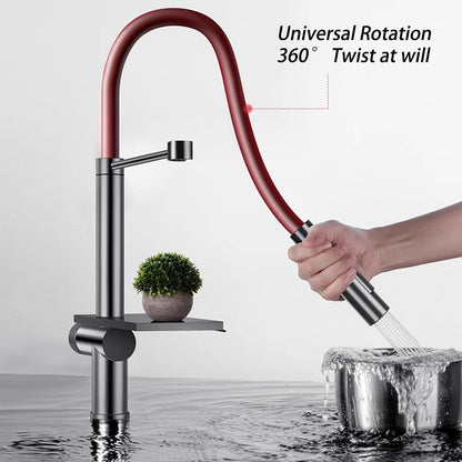 Robinet de Cuisine Cascade Rouge avec Pulvérisateur Escamotable 3 Fonctions de Pulvérisation, Mitigeur Cuisine Chaud Et Froid Avec Rotation À 360°, Acier Inoxydable SUS304