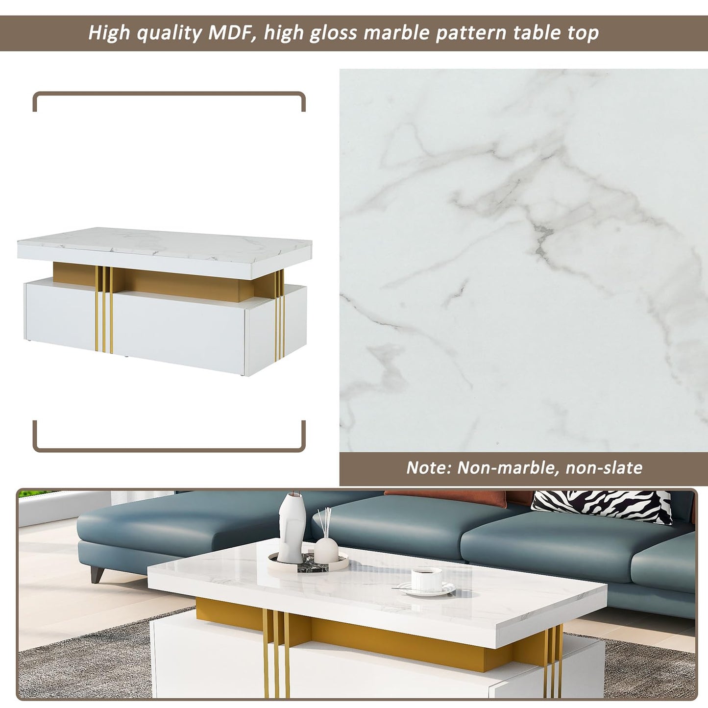 Peiaw Table Basse,Table Basse Salon,Table Basse en marbre Blanc,Table Basse rectangulaire Moderne,Table Basse avec 2 tiroirs en Bois,Bordure dorée métallisée sur Le côté,Table Basse 100 x 50 x 40cm