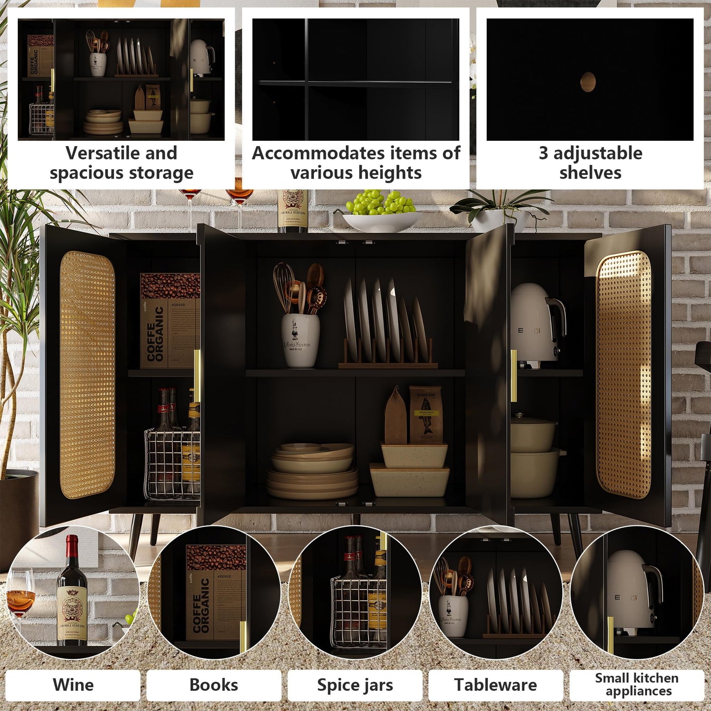 SHUGUANG Buffets Modernes, Armoires Élégantes en Bois de Rotin, avec Diviseur Réglable, Armoires de Rangement avec Portes Blister, Armoires Indépendantes, pour Cuisine Salon, Noir 120 x 35 x 89 cm