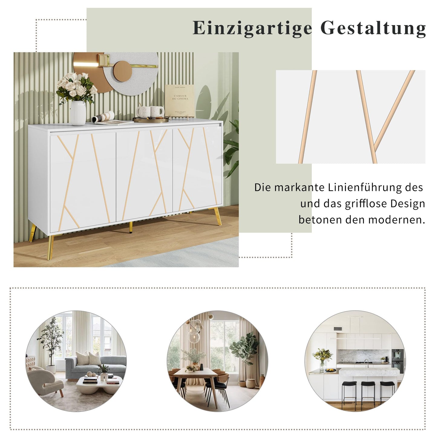 Buffet de Style Moderne au Design Unique Bahut avec 3 Portes, Sans Poignées, Armoire Latérale de Salon, Meuble Buffet de Cuisine, Armoire de Rangement pour Salle à Manger, Entrée (Blanc/Noir)