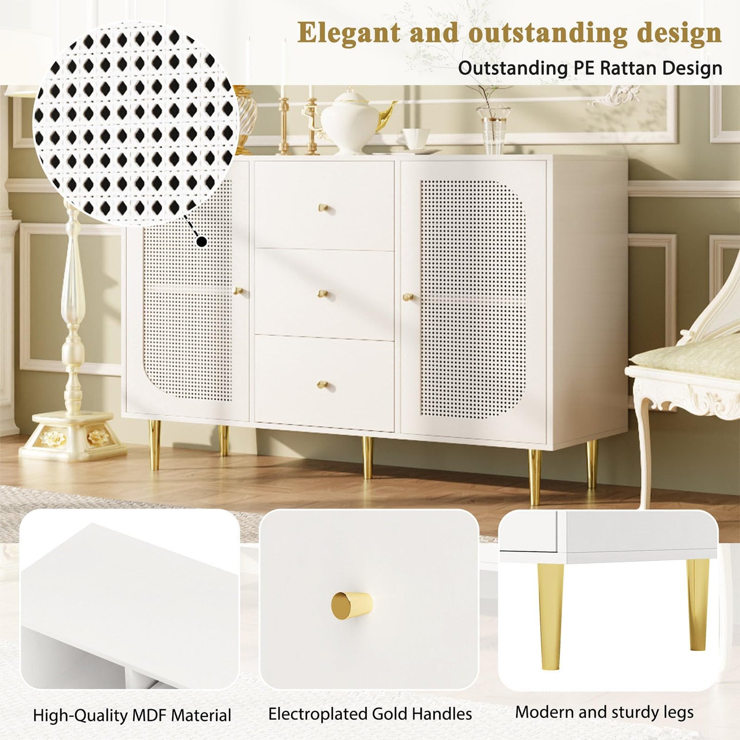 Sideboard, Kommode, Küchenschrank Rattan-Schranktür, Mehrzweckschrank mit 2 Türen und 3 Schubladen, Schubladenschrank Kippschutz, Aufbewahrungsschrank Kratzfeste Oberfläche, 120 x 90 x 40 cm (B/H/T)
