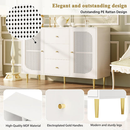 Sideboard, Kommode, Küchenschrank Rattan-Schranktür, Mehrzweckschrank mit 2 Türen und 3 Schubladen, Schubladenschrank Kippschutz, Aufbewahrungsschrank Kratzfeste Oberfläche, 120 x 90 x 40 cm (B/H/T)