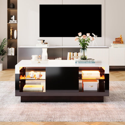 Table basse,Table basse salon,Table basse blanche et noire,Table basse aspect marbre brillant,Table basse avec un tiroir,Cloisons en verre des deux côtés avec éclairage LED,Table basse 100x42x50cm