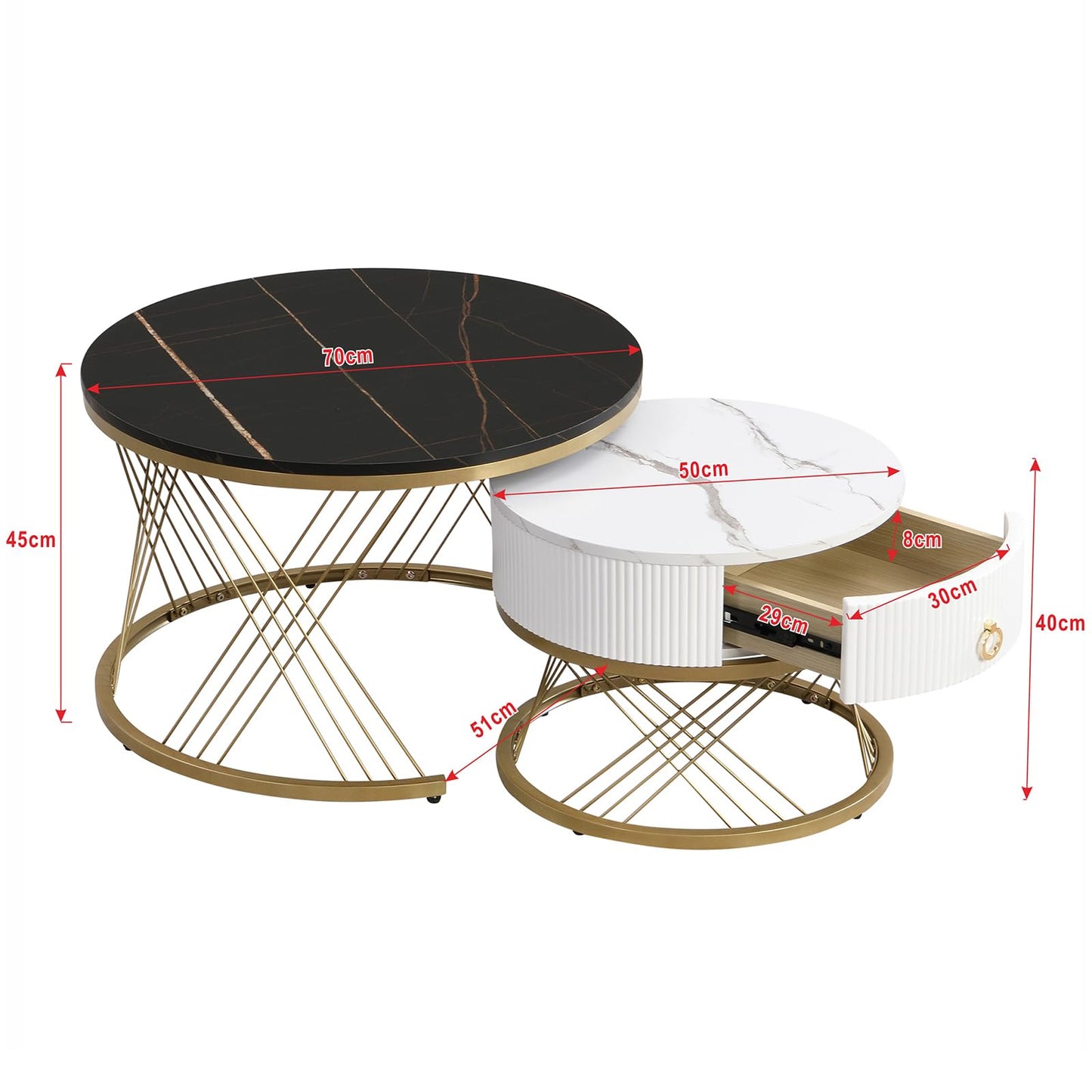 Table Basse,table basse ronde noir,Lot de 2 Tables Basses de Salon Gigognes avec tiroirs, table de salon moderne aspect marbre et structure en acier doré, table de salon 70x70x45cm et 50x50x40 cm