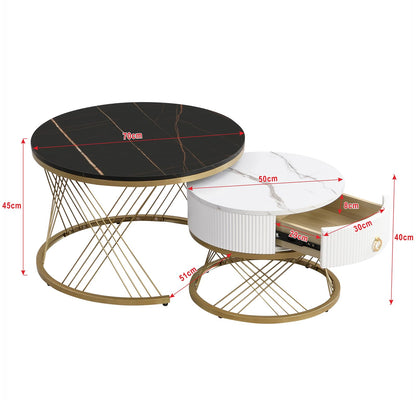 Table Basse,table basse ronde noir,Lot de 2 Tables Basses de Salon Gigognes avec tiroirs, table de salon moderne aspect marbre et structure en acier doré, table de salon 70x70x45cm et 50x50x40 cm