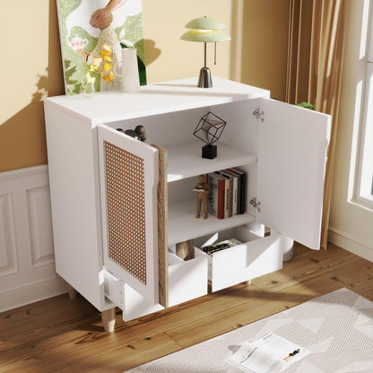 Buffet,meuble de cuisine rangement,Buffet en bois blanc，Buffet avec 2 portes et 2 tiroirs,Buffet avec pieds en bois massif et porte imitation rotin，Meuble de rangement entrée salle à manger 80 x 40 x